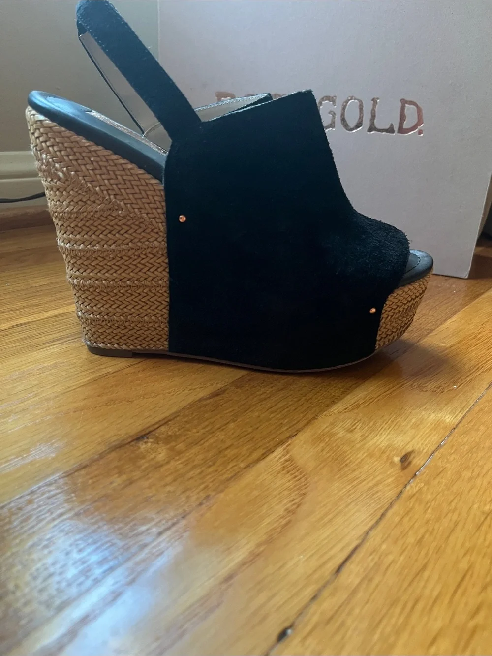 Rosegold Shoes Black and Tan Wedge Sandals with Braided Platform